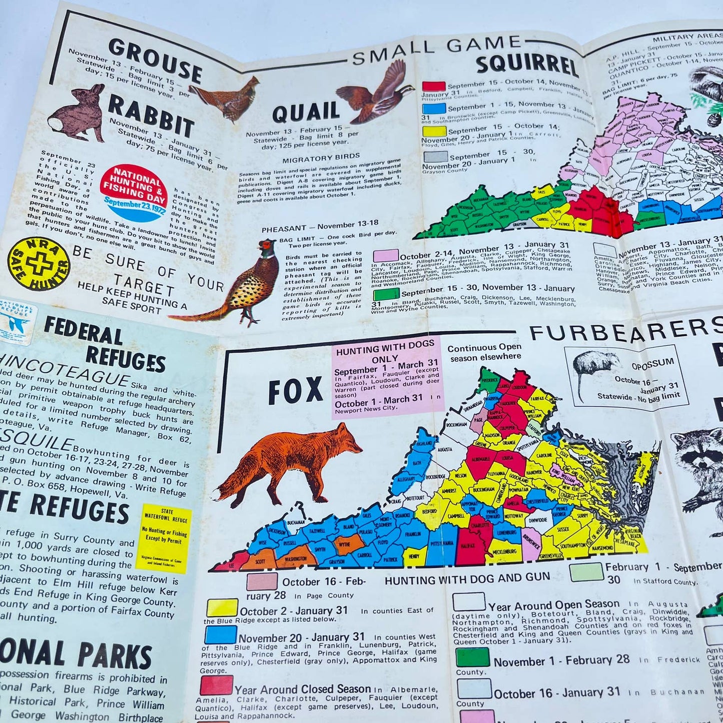 1972 Fold Out Summary of Virginia Game Laws Hunting SC9