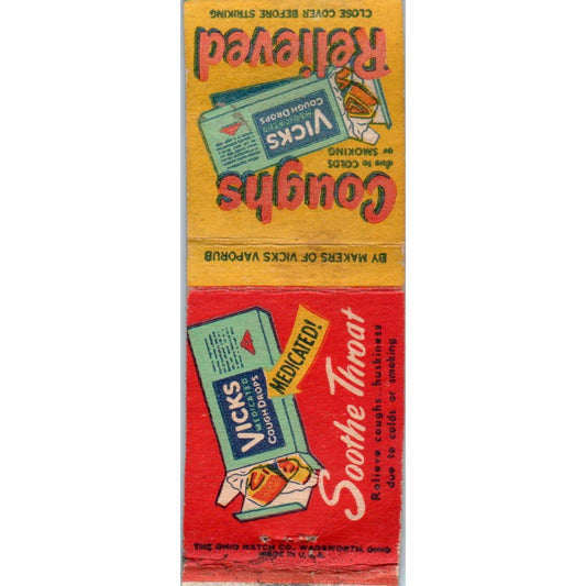 Vintage Matchbook Cover Vicks Cough Drops Sore Throat Relief SE5-2
