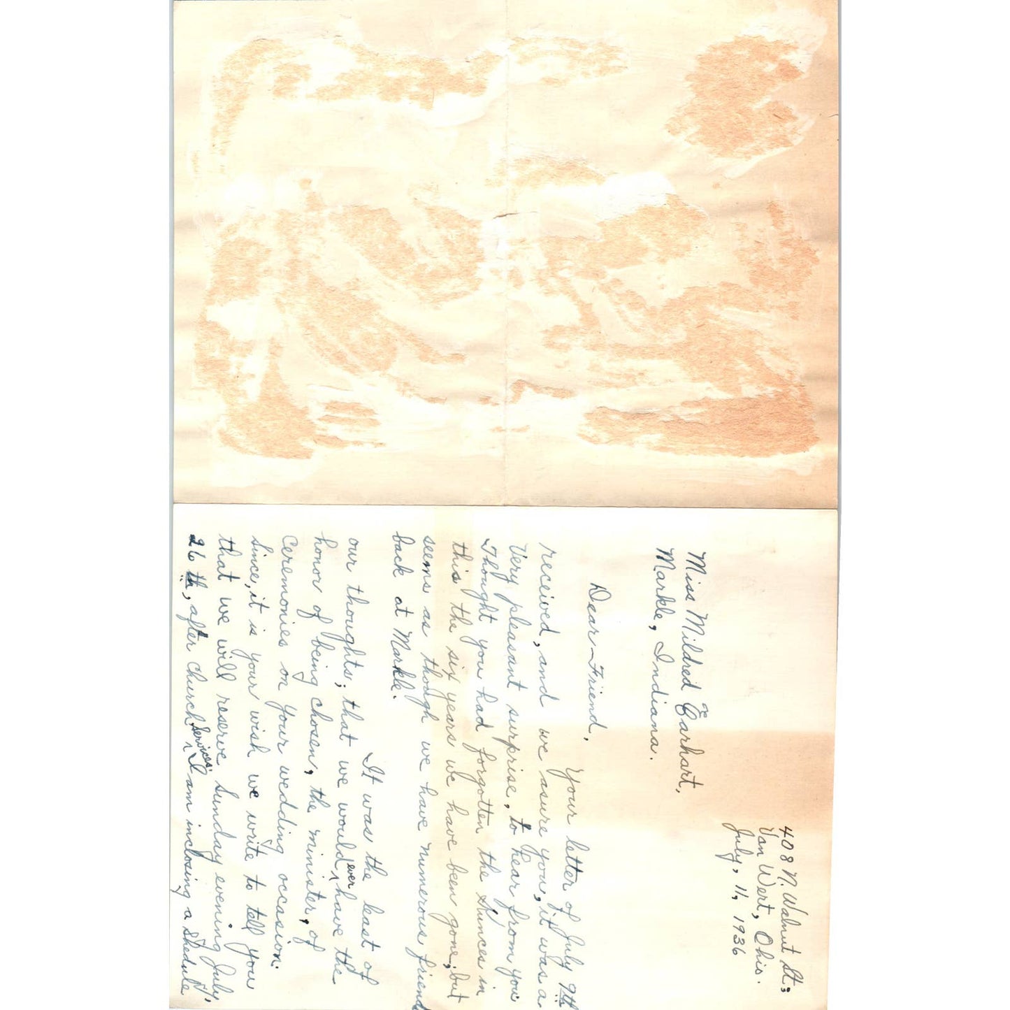 1936 Handwritten Letter Rev Kunce Van Wert OH to Mildred Earhart Markle IN SF2