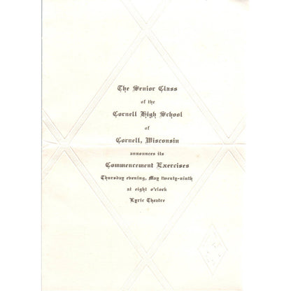 1930 Cornell High School Wisconsin Commencement Invitation Lyric Theatre AD4