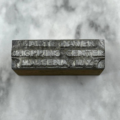 Vtg Printing Printers Block Plate Harte Haven Shopping Center Massena NY TJ57