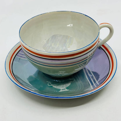 Vtg RARE Japanese Iridescent Opal Lusterware Blue Stripe Cup and Saucer Set TC2