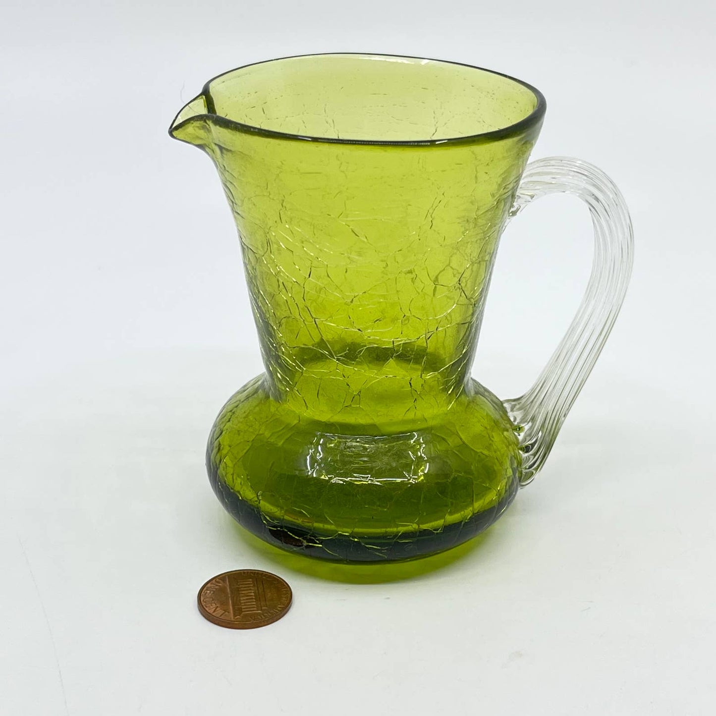 Vintage Pilgrim Crackle Glass Pitcher Avocado Green 5" Hand Blown TE5