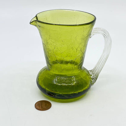 Vintage Pilgrim Crackle Glass Pitcher Avocado Green 5" Hand Blown TE5