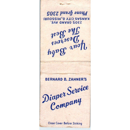Bernard B. Zahner's Diaper Service Co Kansas City Advertising Matchbook SA9-M2