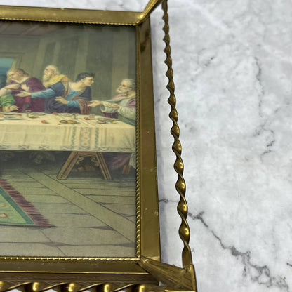 Vintage MCM Ornate Brass Wire Framed Last Supper Picture 9x11 TB6