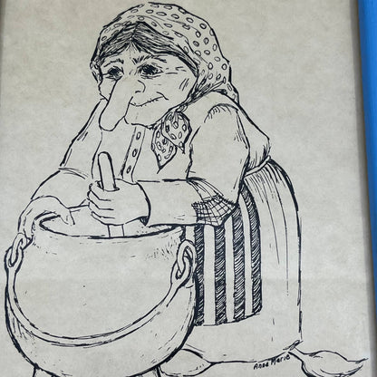 Vintage Framed Sketch Long Nose Witch and Cauldron Anne Marie 5x7" TE3