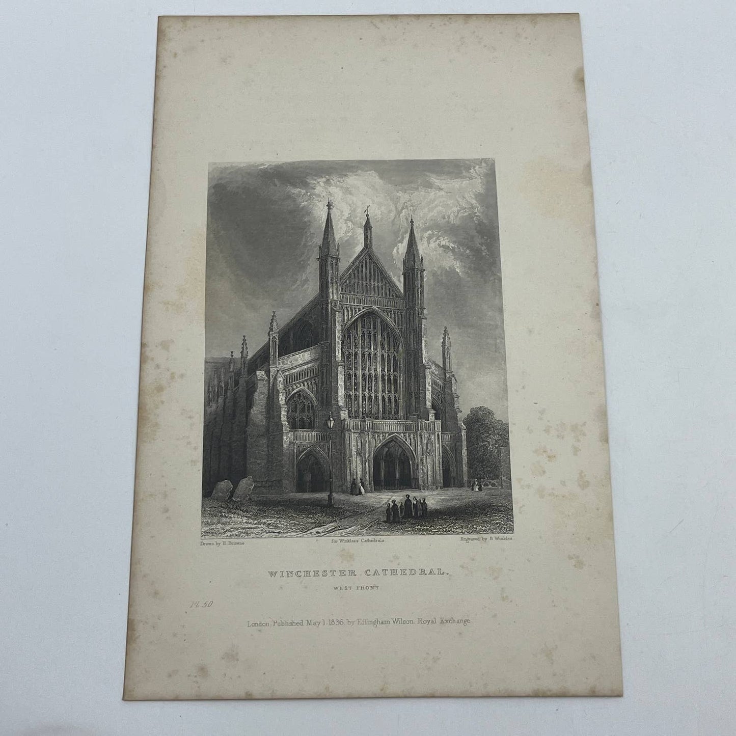 1836 Original Art Engraving Winchester Cathedral View of the West Front AC6