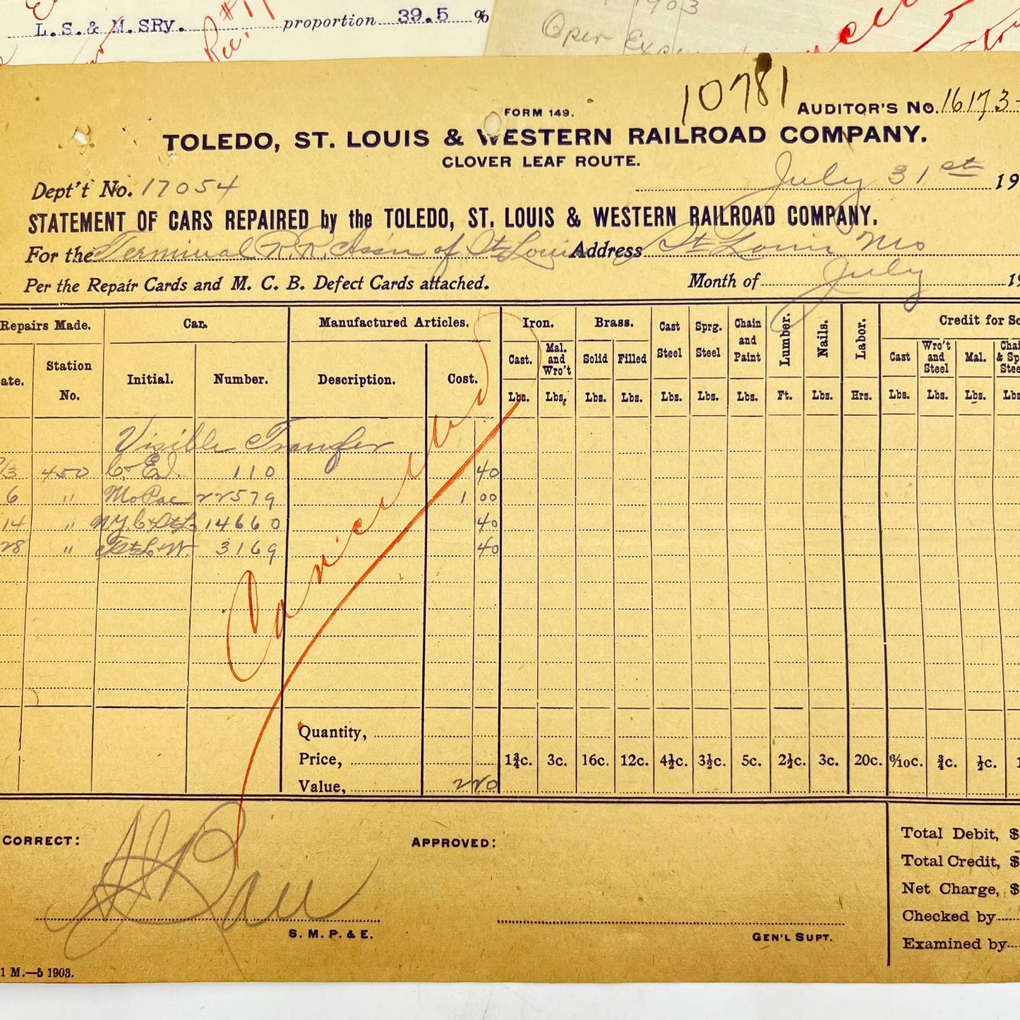 1903 Toledo, St. Louis & Western Railroad RR Billhead Receipt Lot of 3 AA9-2