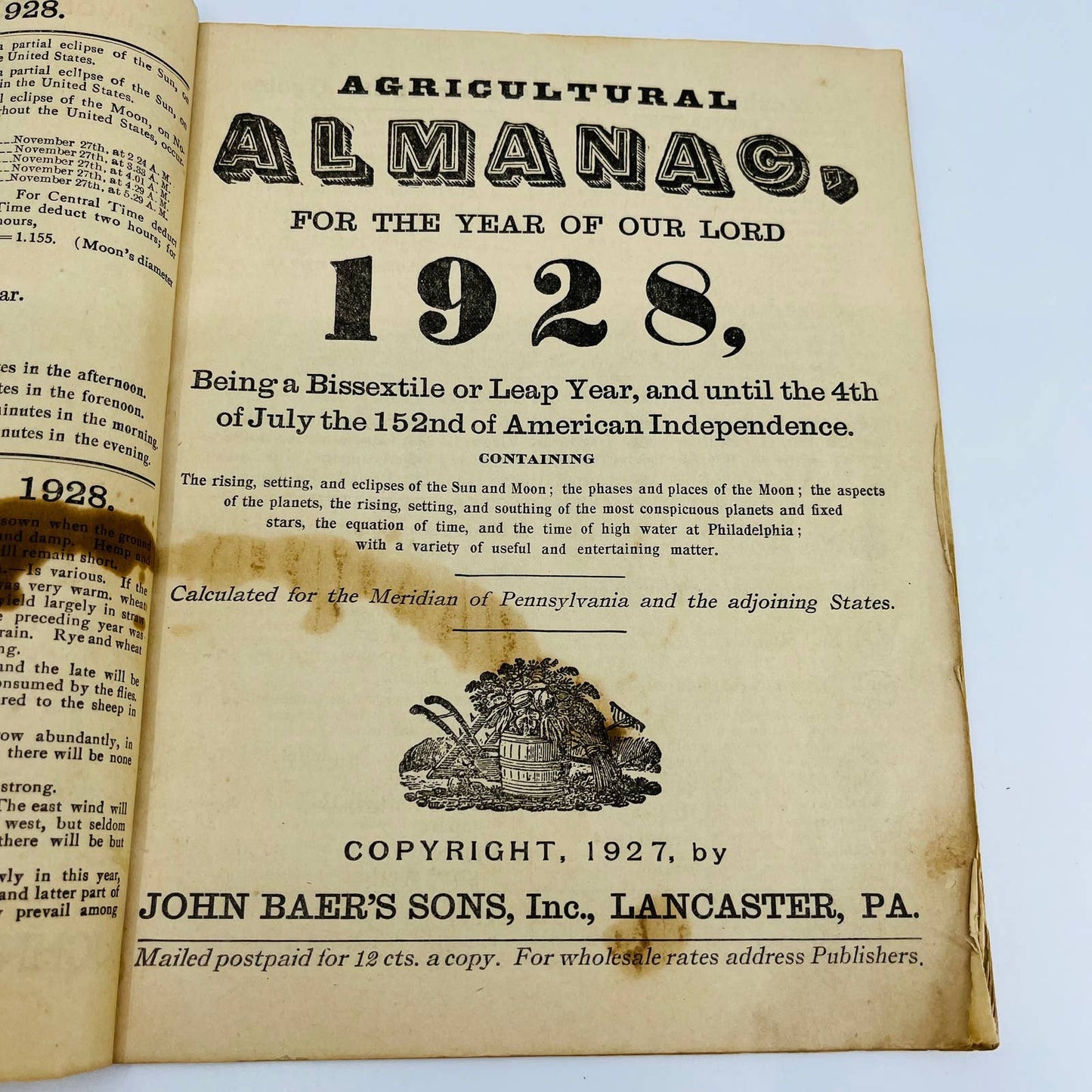 1928 Agricultural Almanac John Baer’s Sons Lancaster PA C10