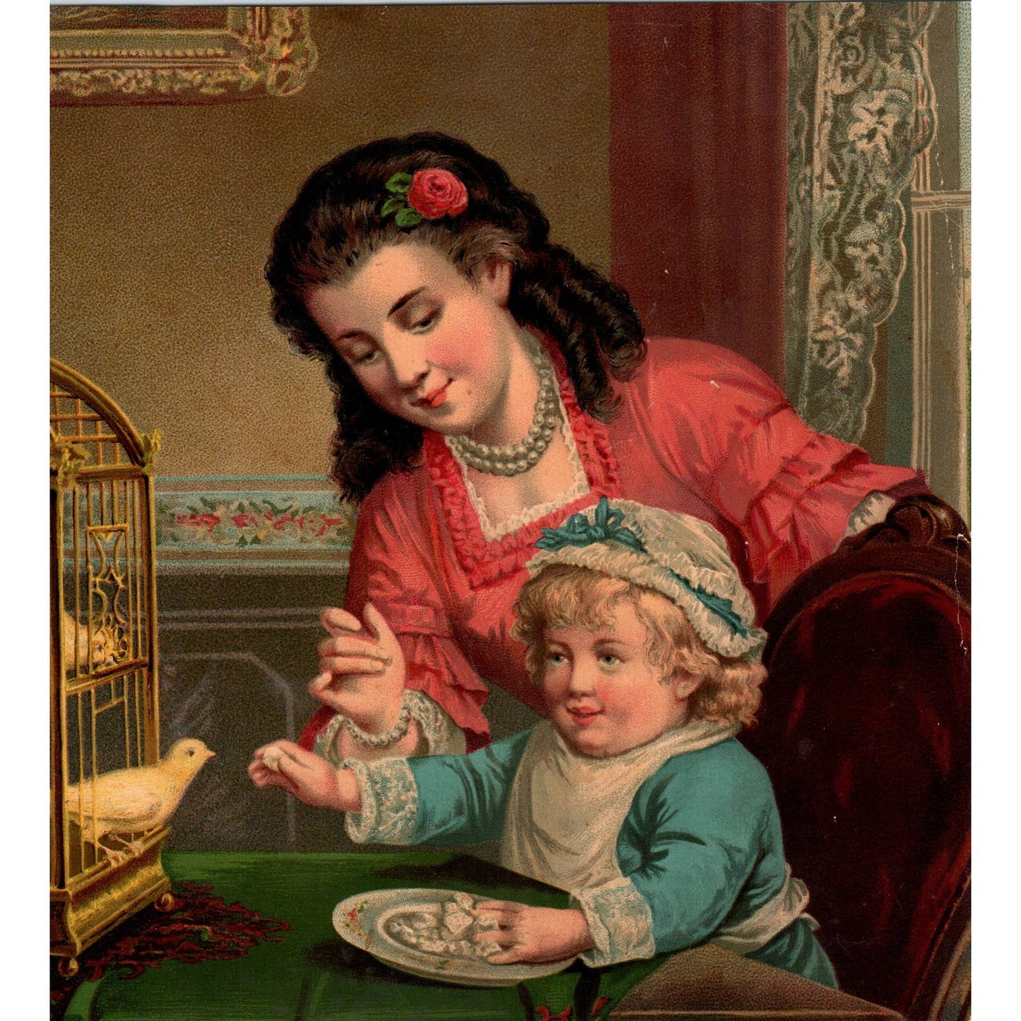 1880s George Stinson Chromolithograph Victorian Mother Child & Parakeets 8.5x9.5 TJ1-2