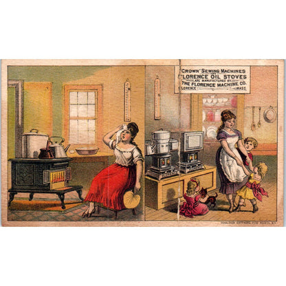 1880s Victorian Trade Card Crown Sewing Machines Florence Oil Stoves SF2-1