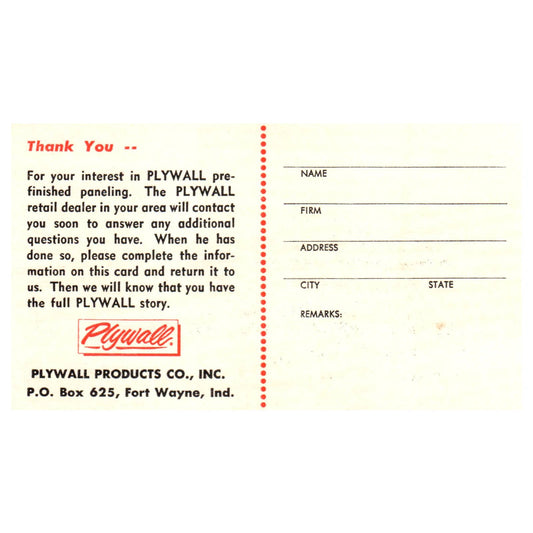 1950s MCM Advertising Postcard Poly-Clad Plywall Products Fort Wayne IN SE4