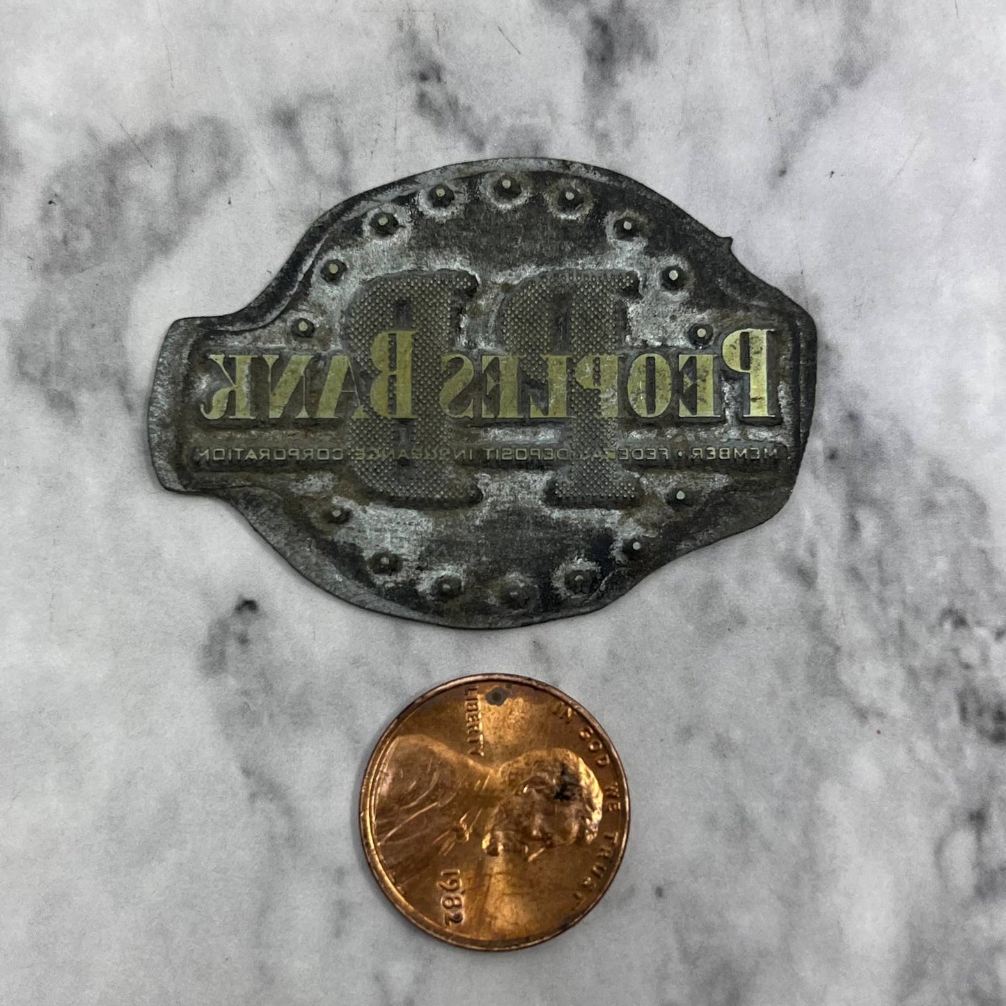 Vintage Printing Letterpress Printers Block Plate People's Bank Logo TJ56