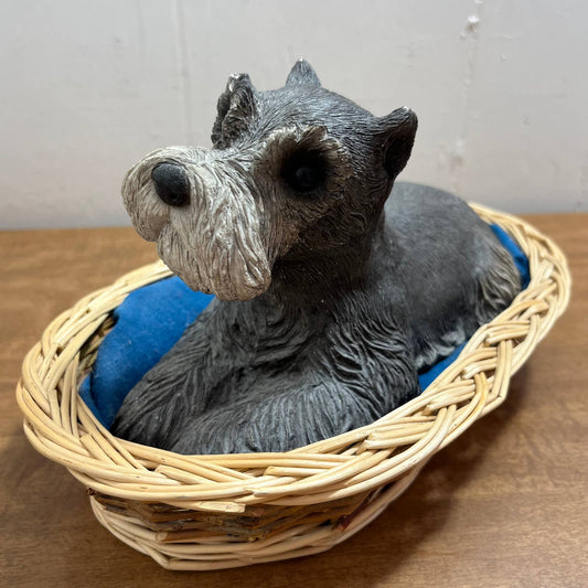 1981 Sandicast Hand Made Schnauzer Dog Sculpture w Basket Sandra Brue 8 x 4” TA1