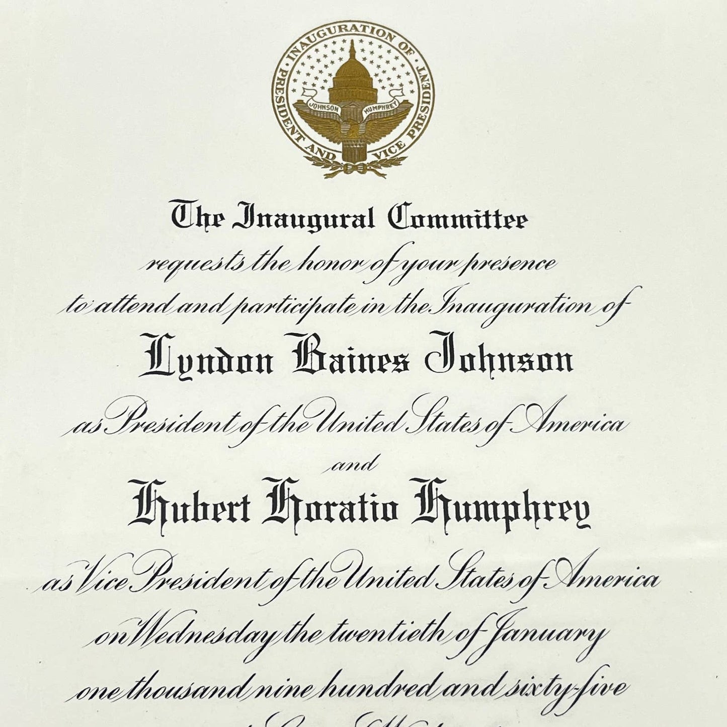 1965 Framed Official President Lyndon Johnson Inauguration Invitation 9x11” TE1