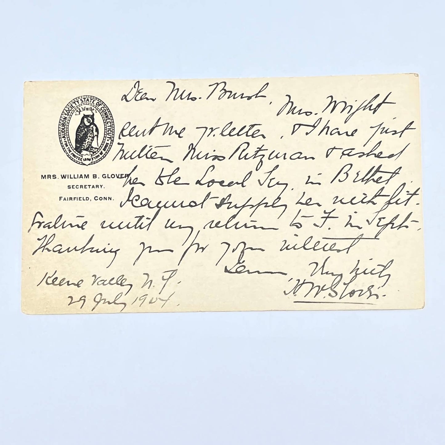 1904 Letter Mrs. William B. Glover Audubon Society CT Secretary Fairfield AC1