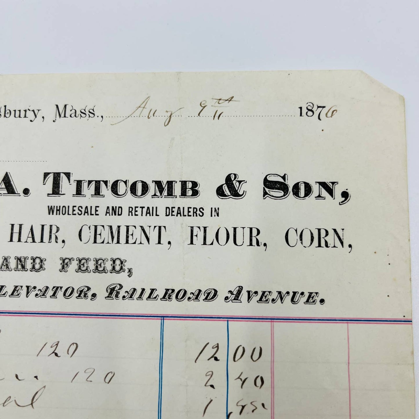 1876 DA Titcomb & Son Amesbury Mass Billhead Letterhead Receipt Railroad Ave AA4