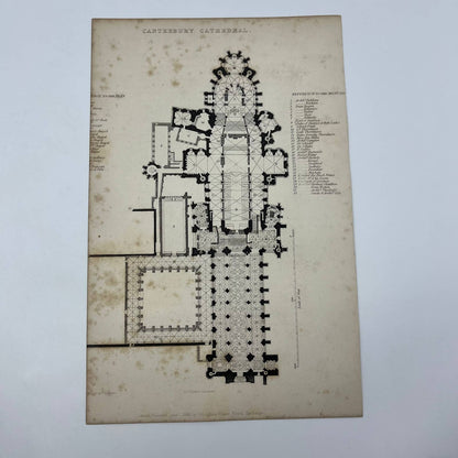 1836 Original Art Engraving Canterbury Cathedral Front View Floor Plan & Bio TG6