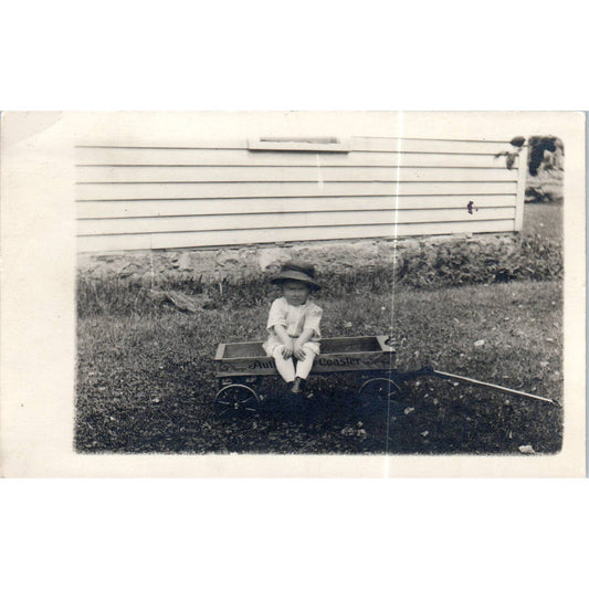 Little Boy in Auto Wheel Coaster Wagon c1910 RPPC Original Postcard TK1-P18