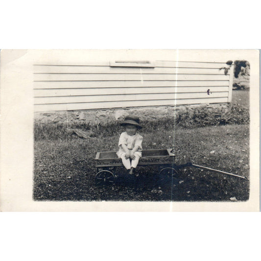 Little Boy in Auto Wheel Coaster Wagon c1910 RPPC Original Postcard P2-8