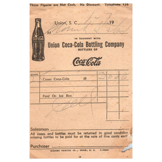1920s Coca Cola Coke Salesman Receipt Union Coca-Cola Bottling Company SE4