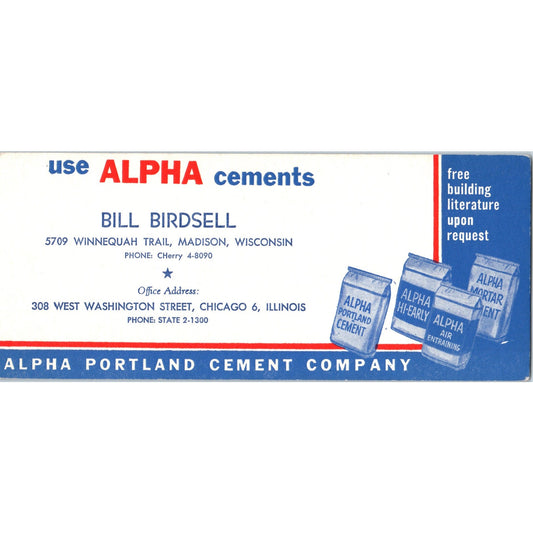 Vintage Blotter Card - Bill Birdsell Madison Wisconsin Alpha Cement Co TH2-SF2