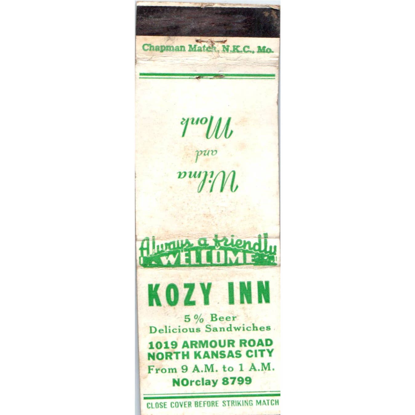 Kozy Inn Wilma & Monk North Kansas City Advertising Matchbook Cover SA1-M1