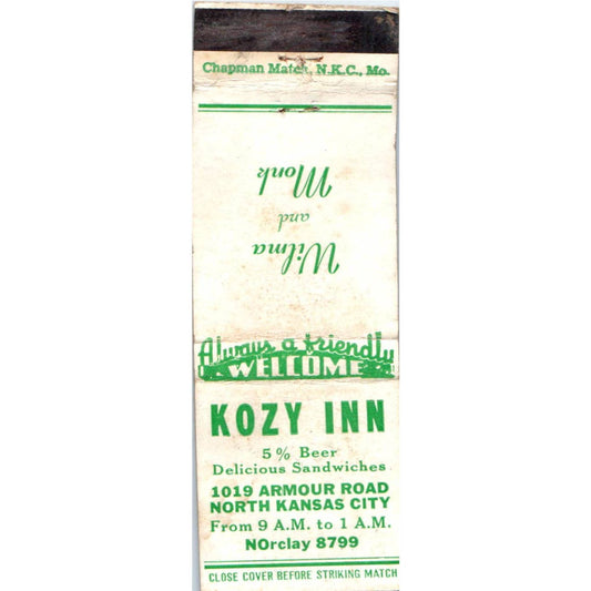 Kozy Inn Wilma & Monk North Kansas City Advertising Matchbook Cover SA1-M1