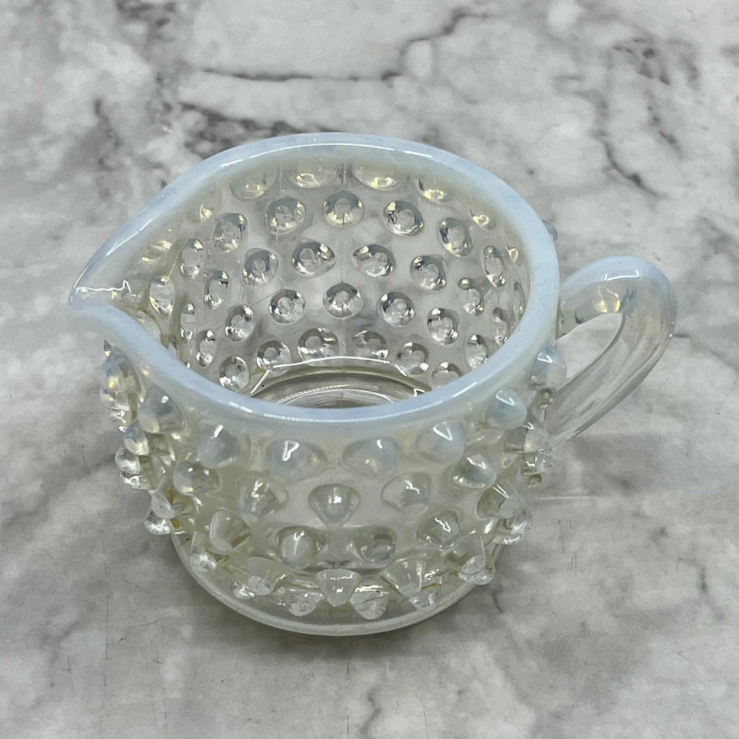 Vintage Fenton glass CREAMER Moonstone white opalescent hobnail luminous 2” TB6