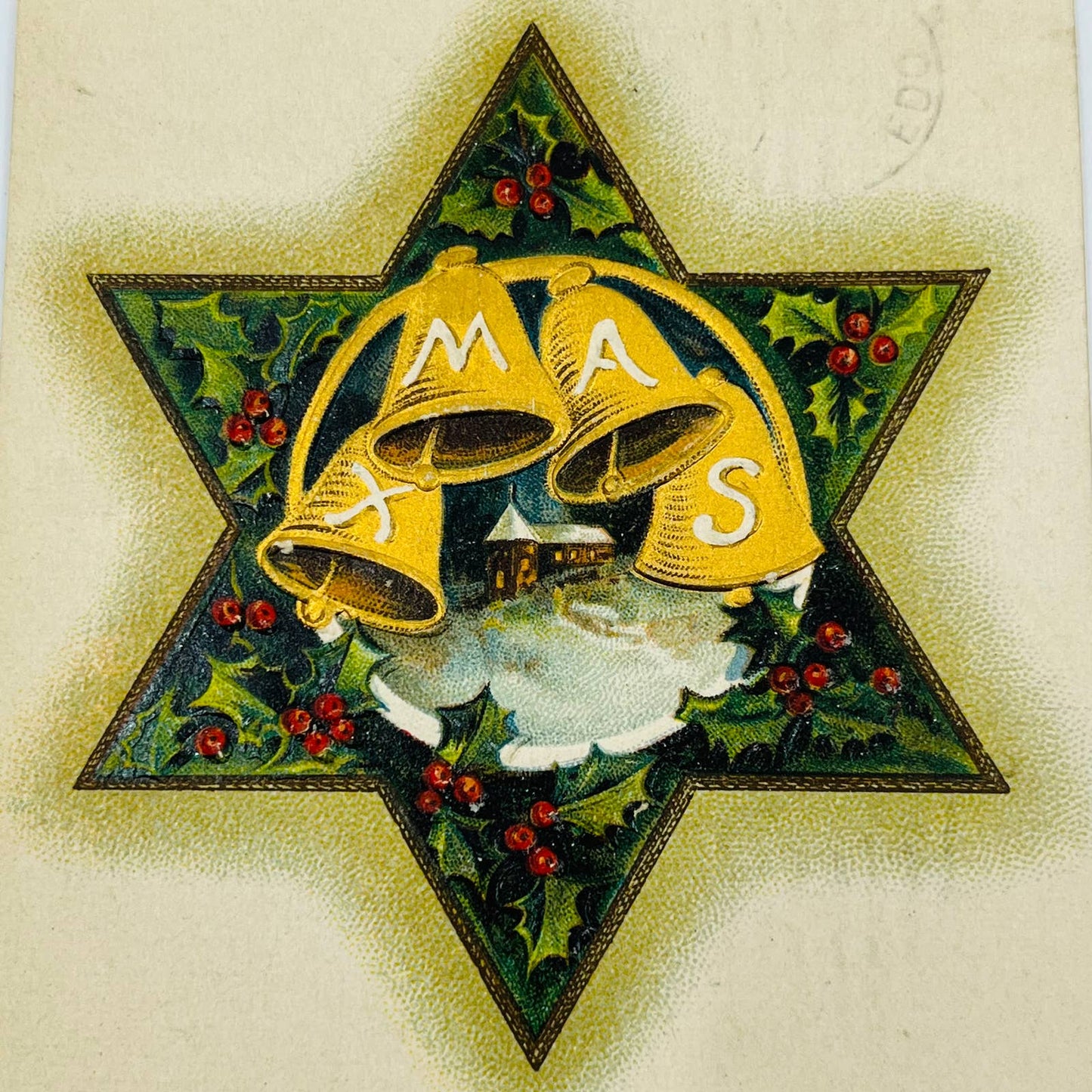 1910s Christmas Post Card Embossed Bells 6 Point Star Holly Church Snow PA4