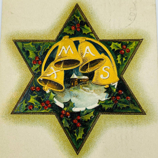 1910s Christmas Post Card Embossed Bells 6 Point Star Holly Church Snow PA4