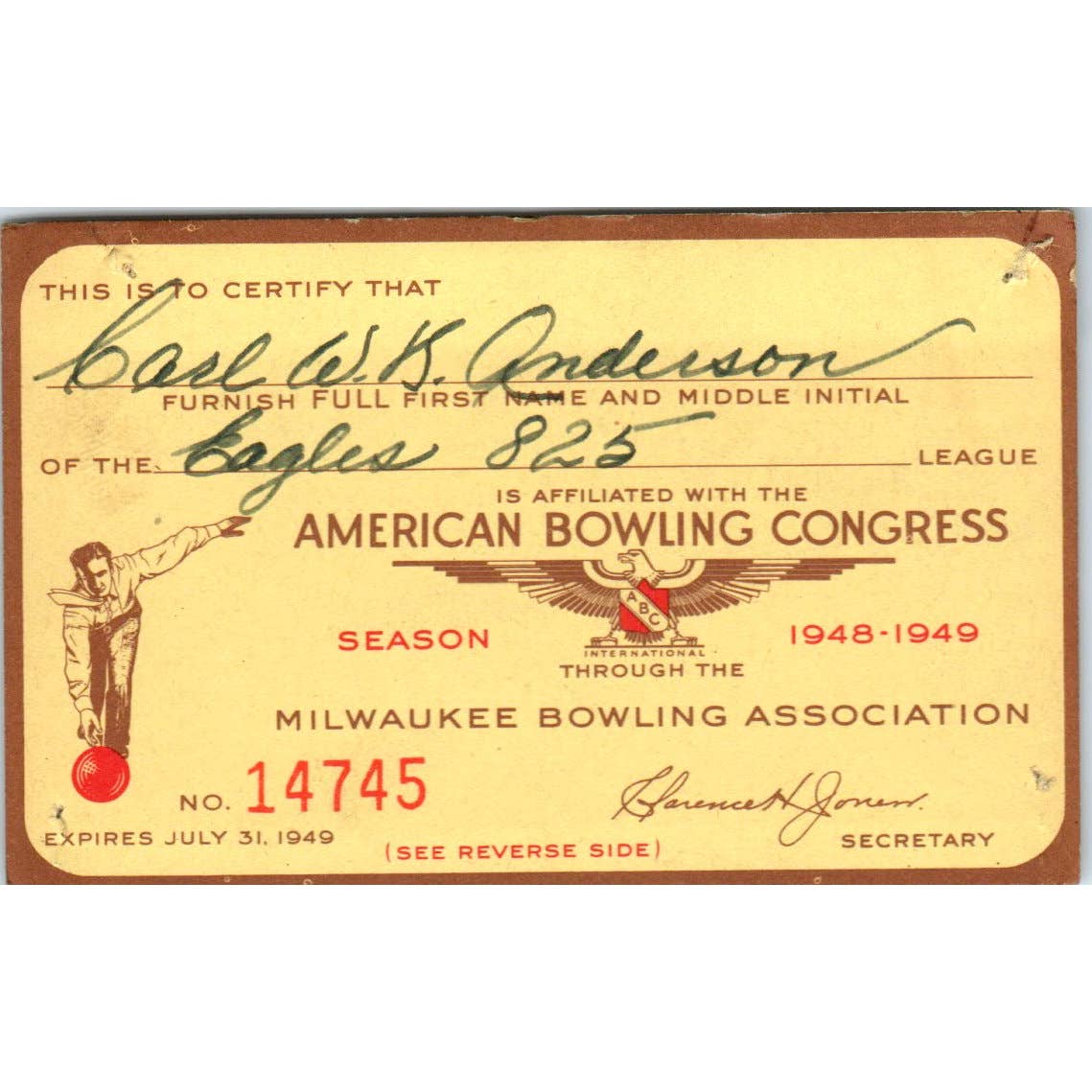 1948 American Bowling Congress Milwaukee Membership Card Eagles 825 SE5-15
