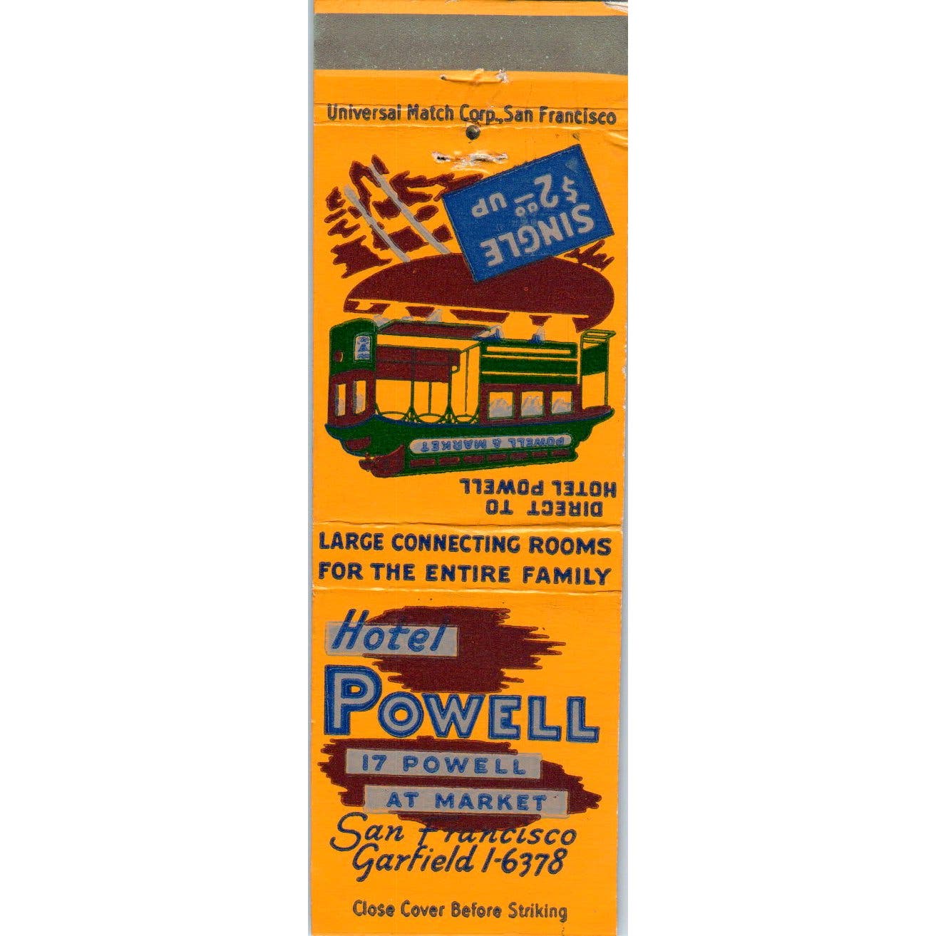 Hotel Powell San Francisco CA Trolley Car Advertising Matchbook Cover SA9-M8