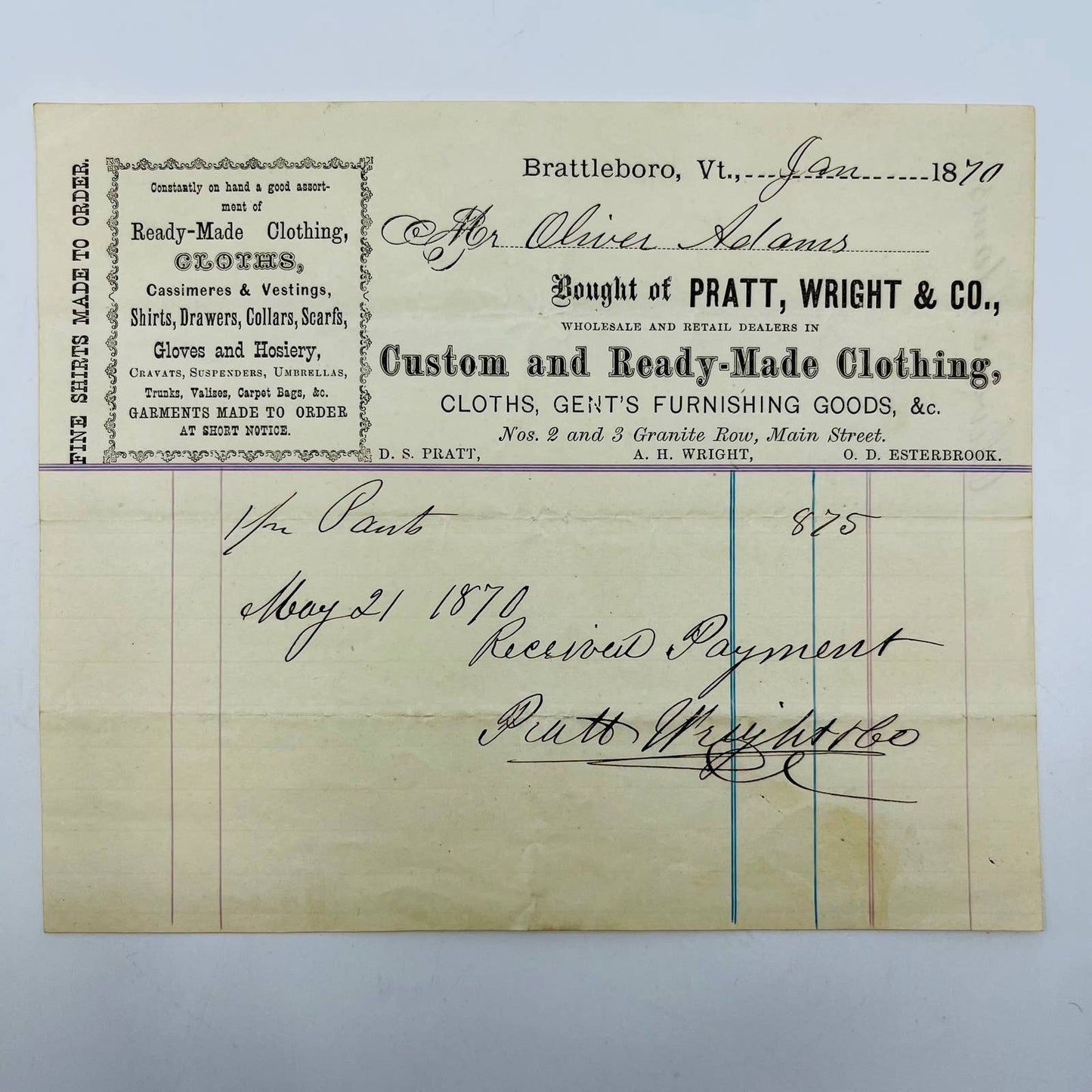 1870 Pratt Wright Clothing Oliver Adams Brattleboro VT Letterhead Billhead AA5