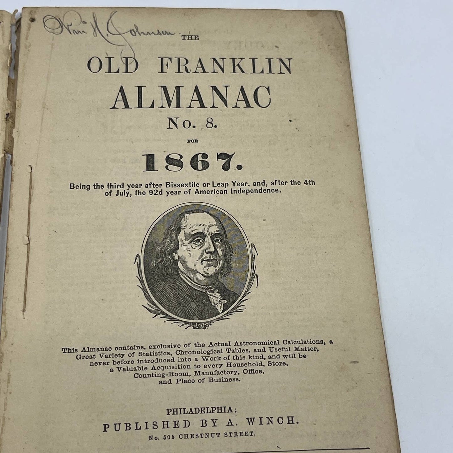 The Old Franklin Almanac for 1867 A. Winch Philadelphia No. 8 TG6