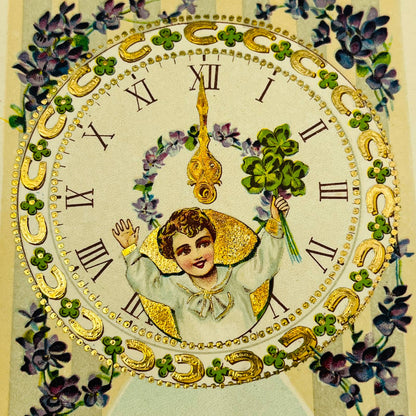 1910s Christmas New Year’s Post Card Embossed Dresden Gilt Horseshoes Clock PA3