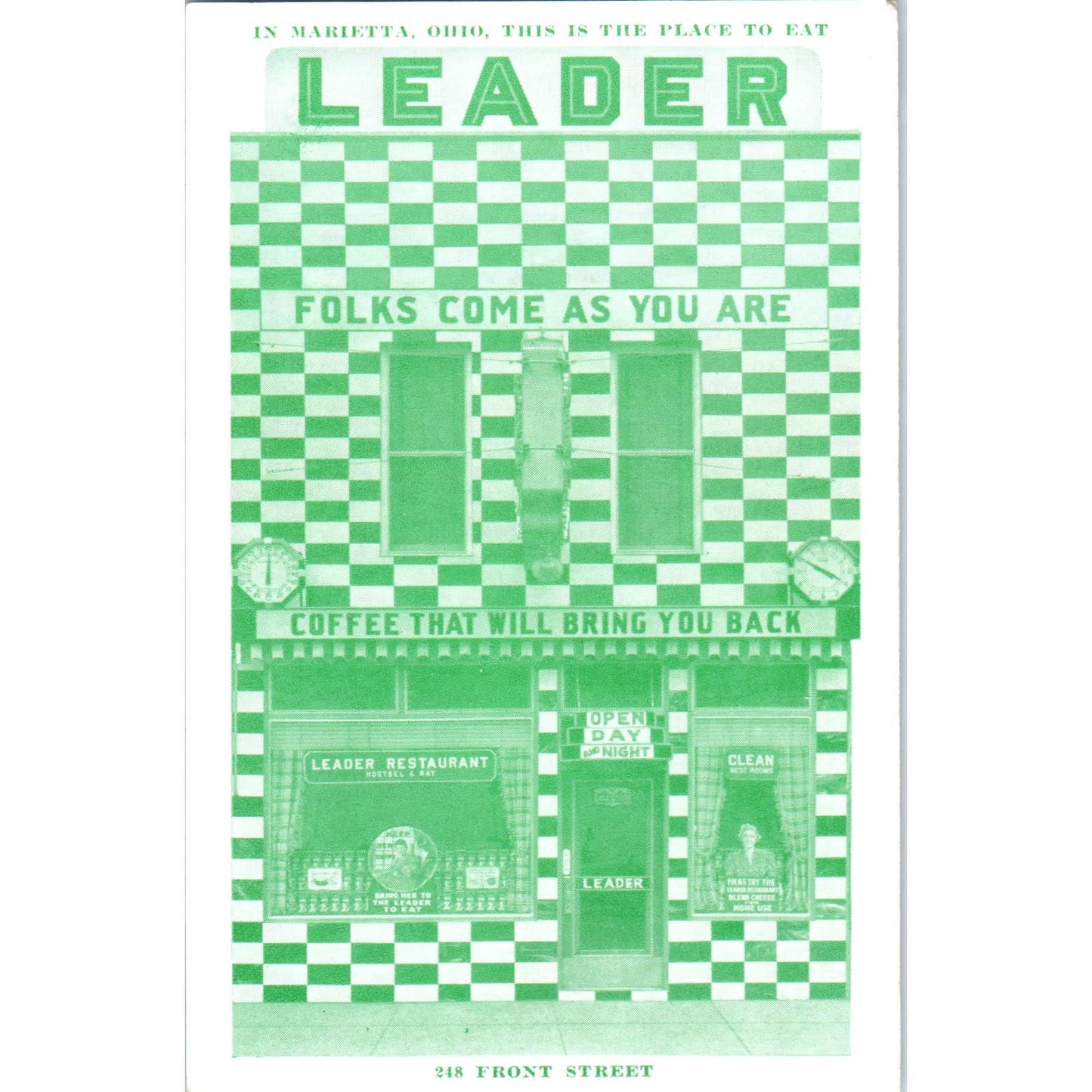 Vintage Postcard Leader Restaurant, Marietta OH TD8-O2