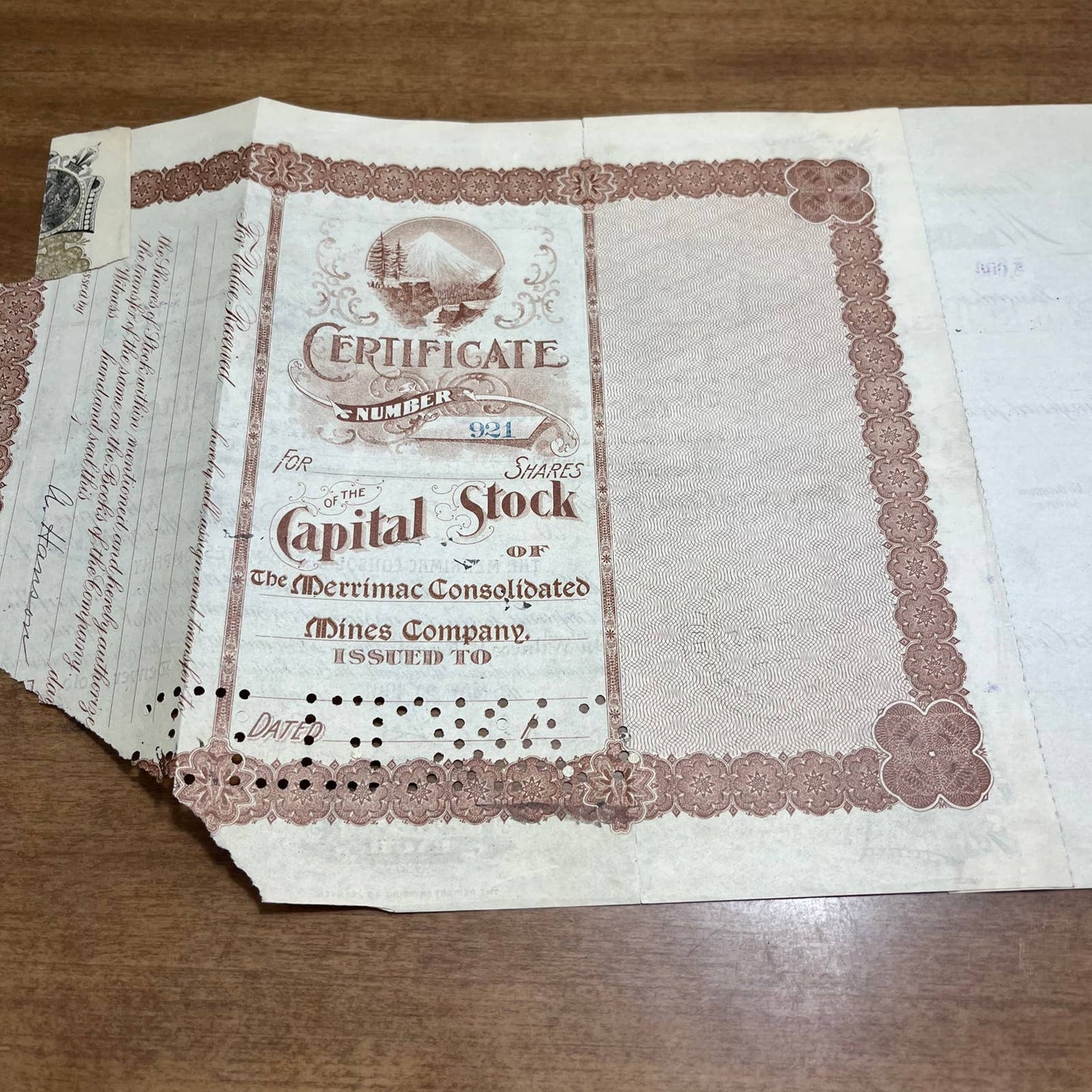 Antique 1901 Stock Certificate Merrimack Consolidated Mines Company Colorado B5