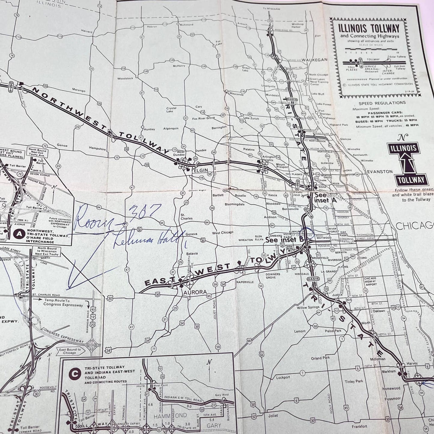 1959 Illinois Tollway and Connected Highways Fold Out Map D7