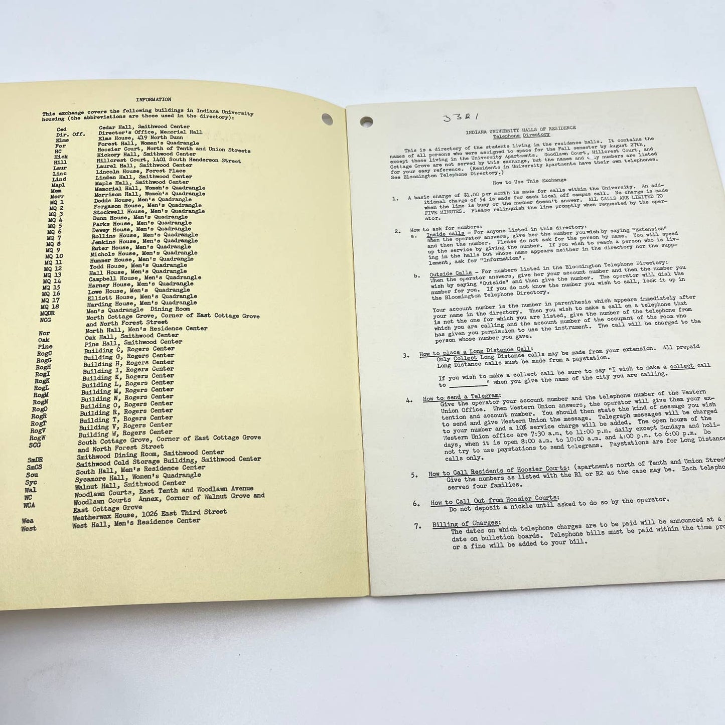 1951 Indiana University Halls of Residence Telephone Directory TF6