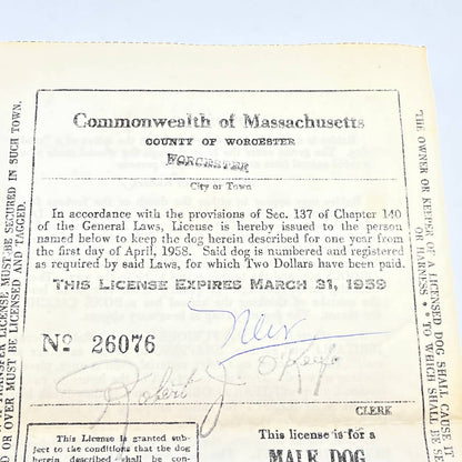 1959 Worcester MA Male Dog License Robert J O’Keefe Rabies Information AC3