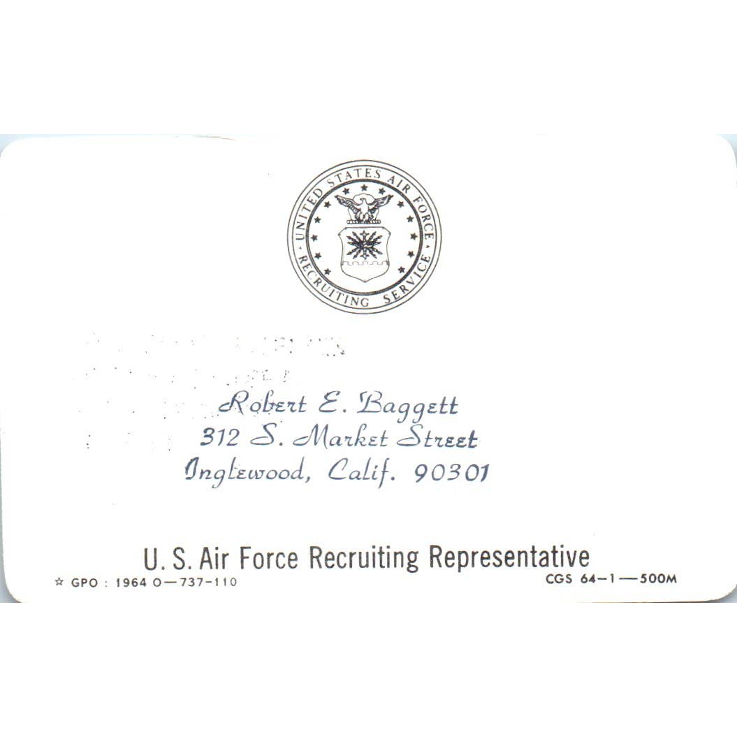 1964 Air Force Recruiting Card F-4C Curtiss P-1 Inglewood Robert E. Baggett SF3