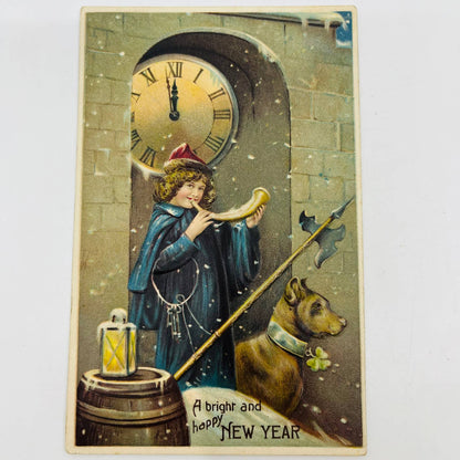 1910s Christmas New Year’s Post Card Embossed Great Dane Dog Trumpet Clock PA3