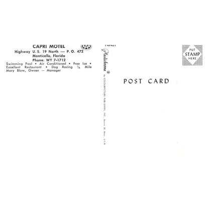 Vintage Postcard - Capri Motel - Monticello Florida AD9