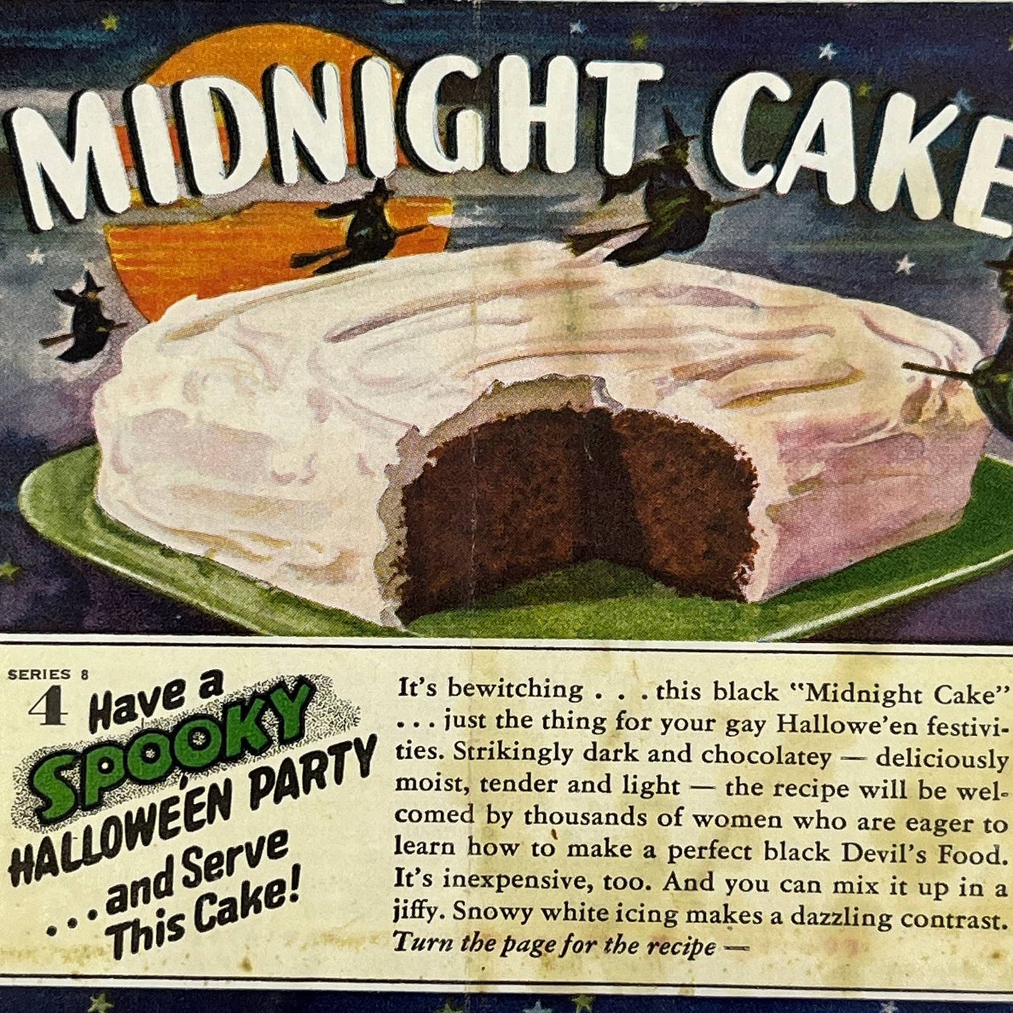 1942 Halloween Midnight Cake Promo Advertising Fold Out Recipe Cookbook AC9