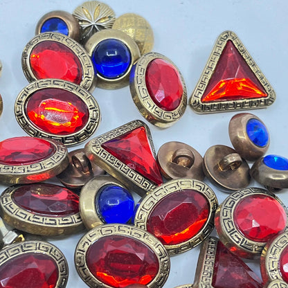 Huge Lot Vintage Art Deco Gold Tone Ruby & Sapphire Style Acrylic Buttons TF7