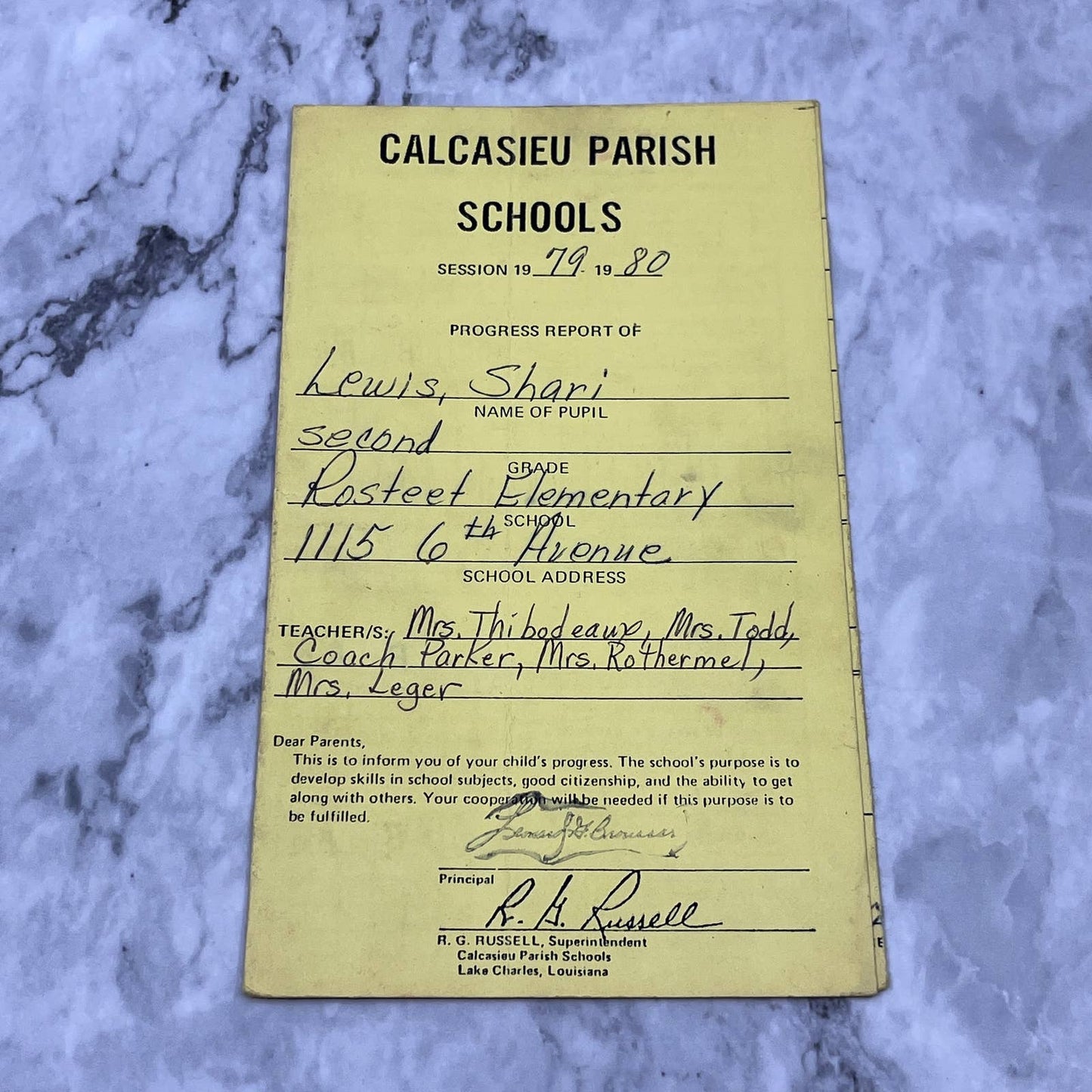 1980 Student Report Card Shari Lewis Rosteet School Calcasieu Lake Charles EA4