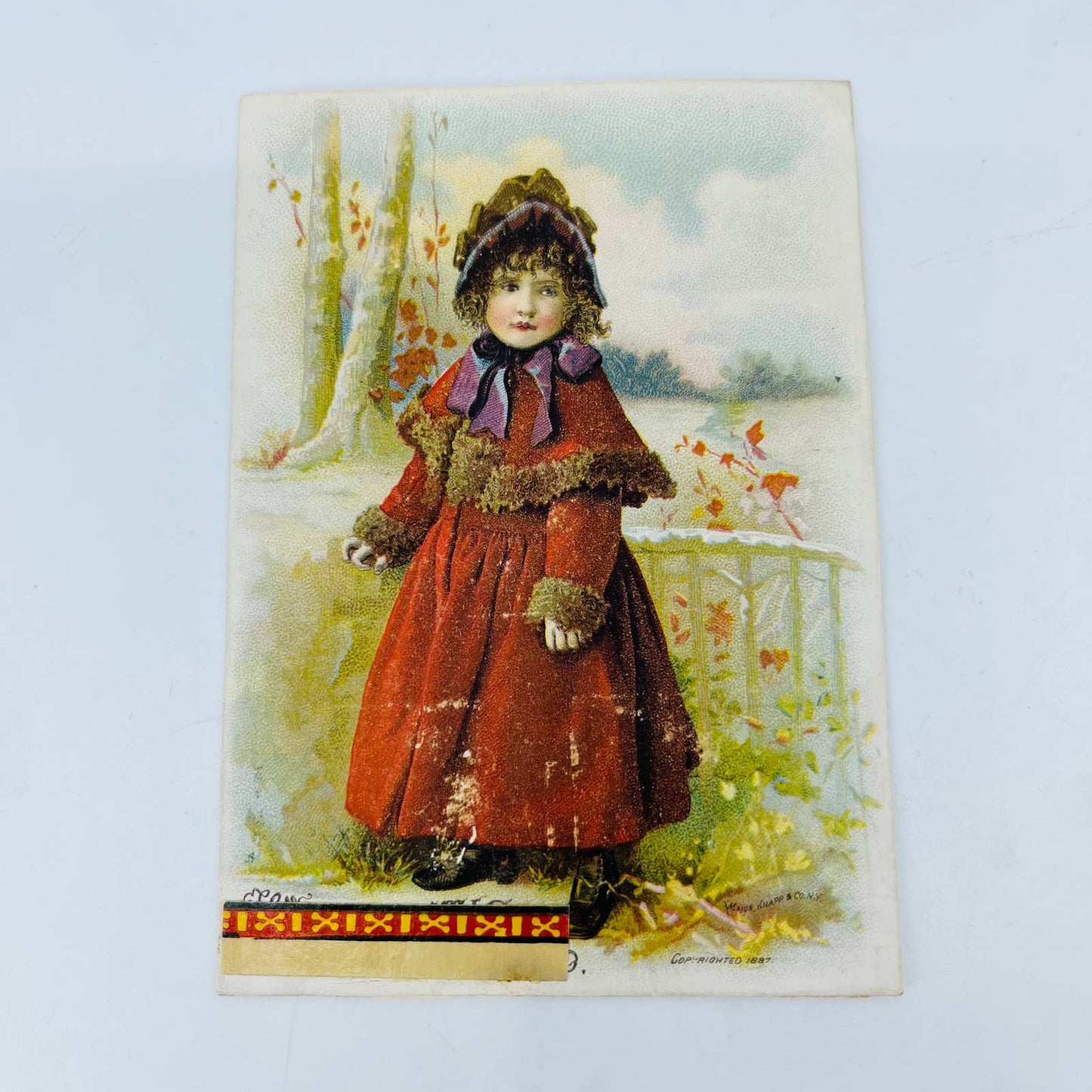 1880s Victorian Trade Card Willimantic Thread Victorian Girl Red Dress EA3