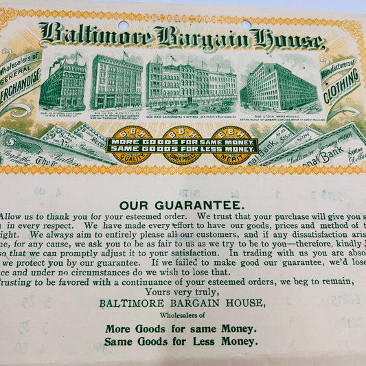 1904 Baltimore Bargain House MD Billhead Letterhead Receipt AA4